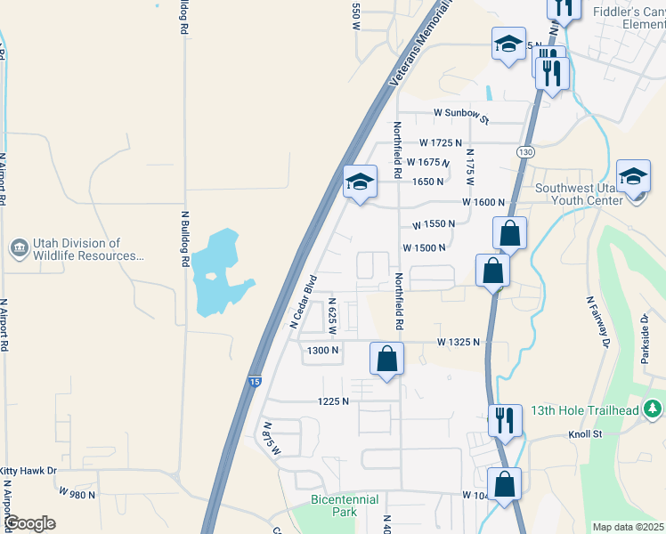 map of restaurants, bars, coffee shops, grocery stores, and more near 608 W 1450 N in Cedar City