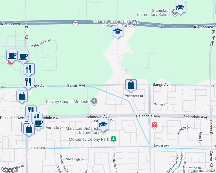 map of restaurants, bars, coffee shops, grocery stores, and more near 4340 Peninsula Drive in Modesto