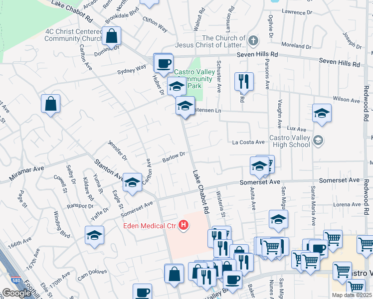 map of restaurants, bars, coffee shops, grocery stores, and more near 2780 Barlow Drive in Castro Valley