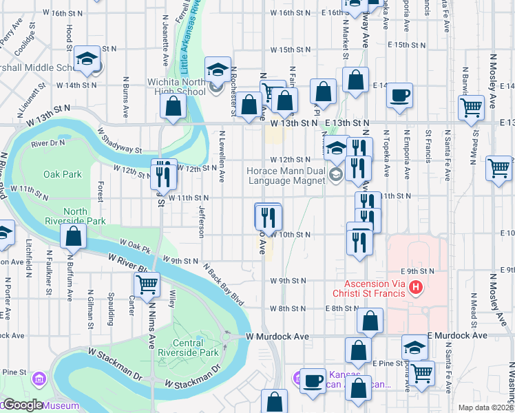 map of restaurants, bars, coffee shops, grocery stores, and more near 1145 North Waco Avenue in Wichita