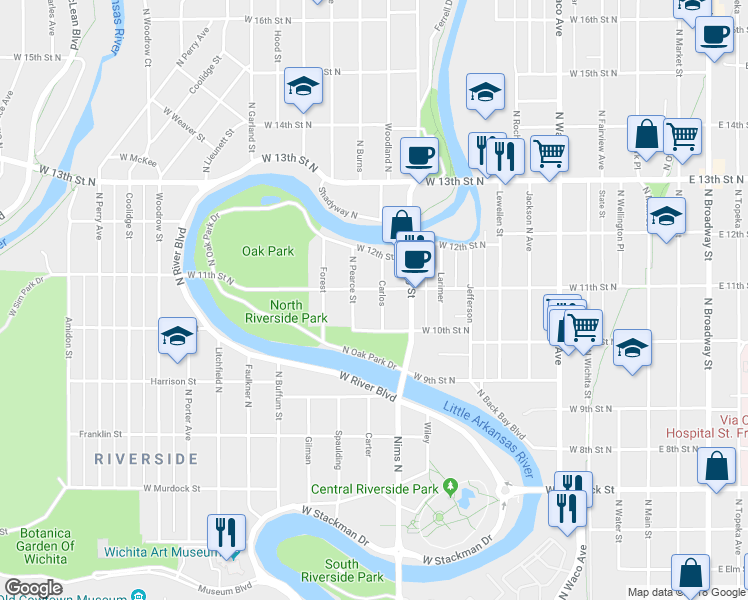 map of restaurants, bars, coffee shops, grocery stores, and more near 1131 Carlos in Wichita