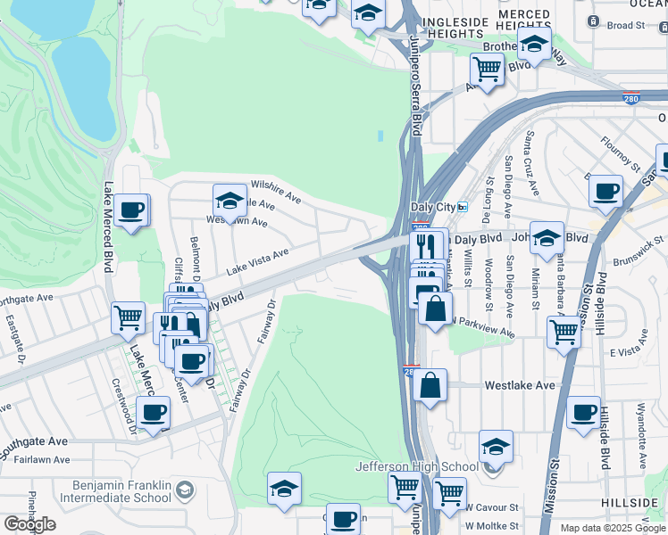 map of restaurants, bars, coffee shops, grocery stores, and more near 2 Poncetta Drive in Daly City