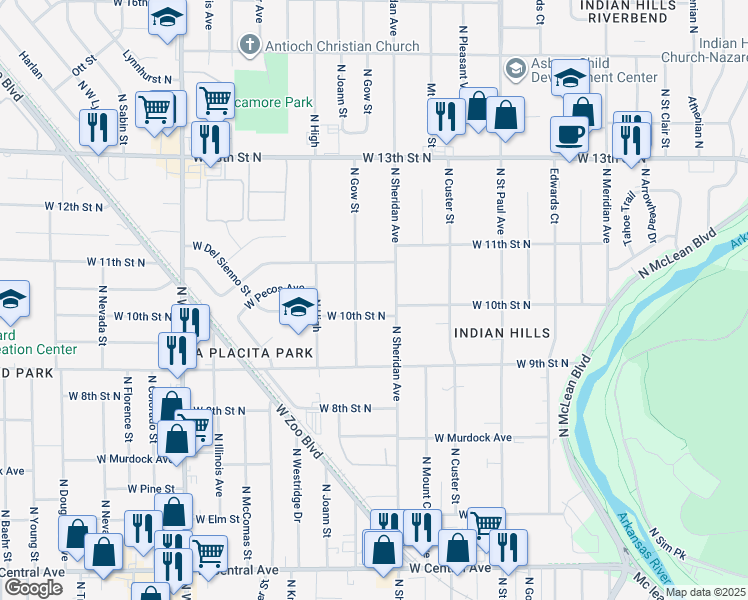map of restaurants, bars, coffee shops, grocery stores, and more near 1118 North Gow Street in Wichita