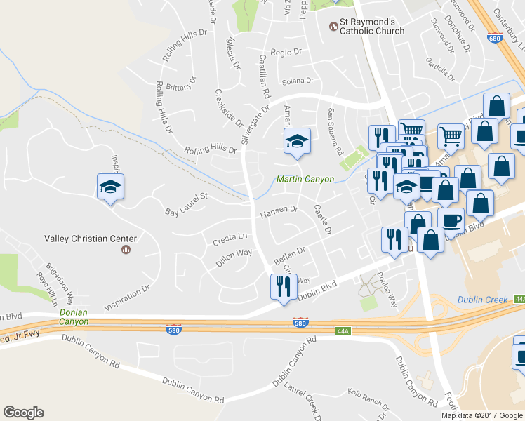map of restaurants, bars, coffee shops, grocery stores, and more near 7371 Hansen Drive in Dublin
