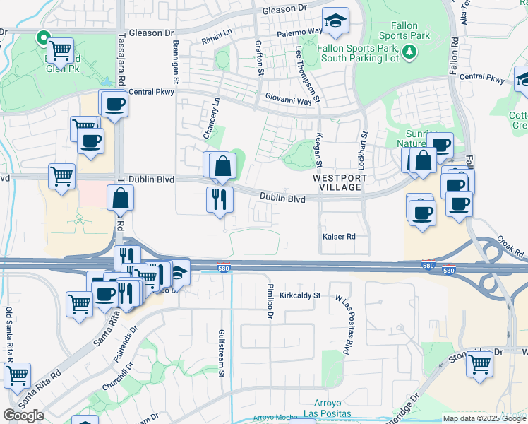 map of restaurants, bars, coffee shops, grocery stores, and more near 3475 Vertex Way in Dublin