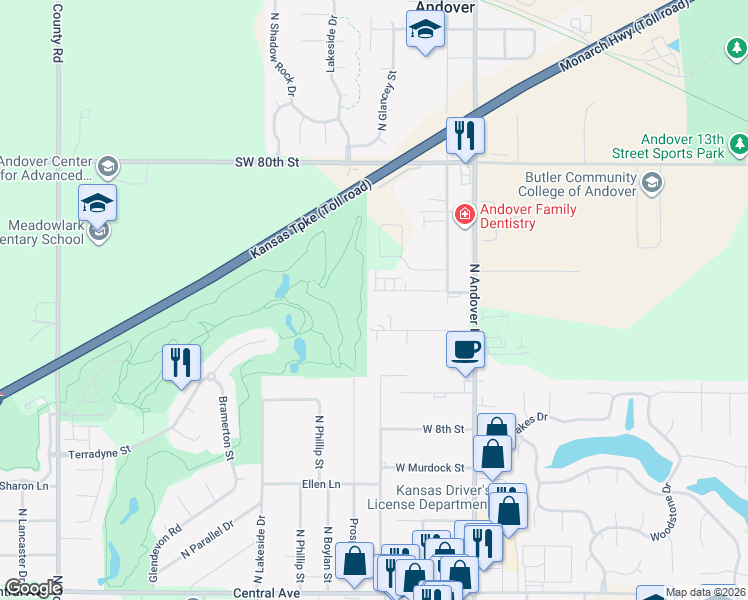 map of restaurants, bars, coffee shops, grocery stores, and more near 419 West Mike Street in Andover