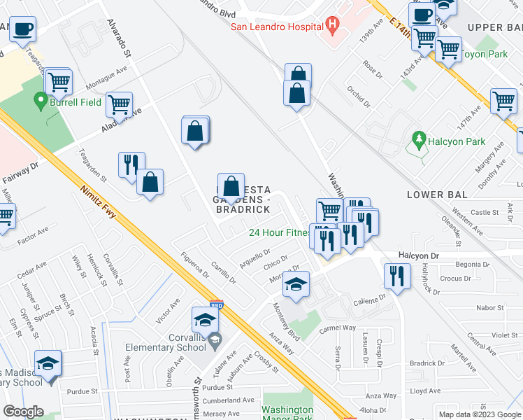 map of restaurants, bars, coffee shops, grocery stores, and more near 3415 Del Rio Circle in San Leandro