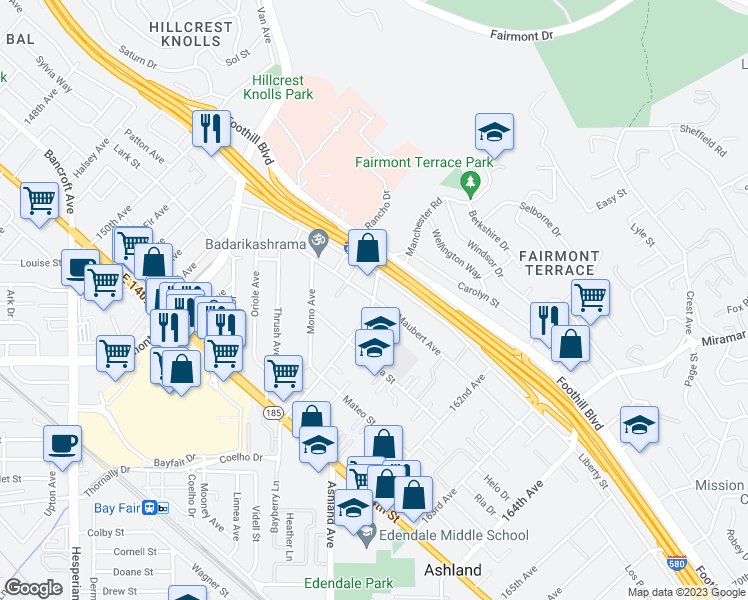 map of restaurants, bars, coffee shops, grocery stores, and more near 15901 Maubert Avenue in San Leandro