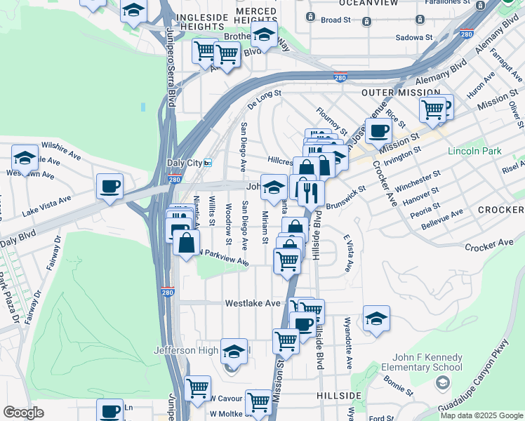 map of restaurants, bars, coffee shops, grocery stores, and more near 56 Miriam Street in Daly City