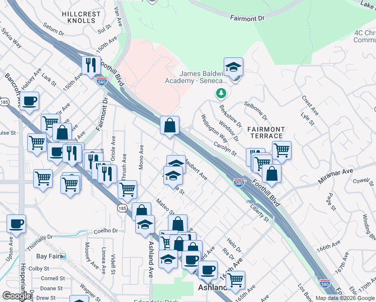map of restaurants, bars, coffee shops, grocery stores, and more near 16001 Liberty Street in San Leandro