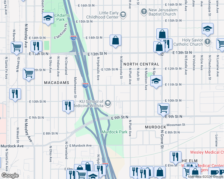 map of restaurants, bars, coffee shops, grocery stores, and more near 1145 North Minneapolis Street in Wichita