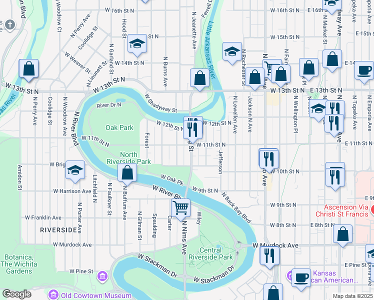 map of restaurants, bars, coffee shops, grocery stores, and more near 1139 Bitting Street in Wichita