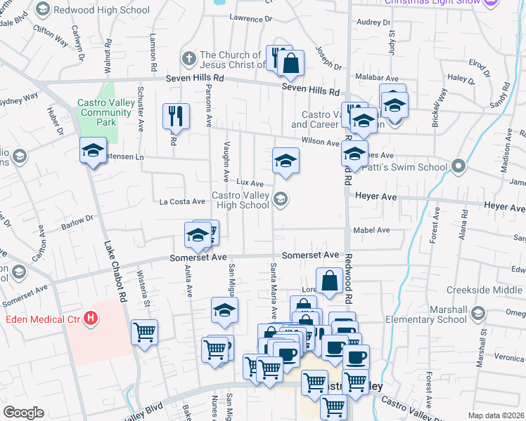 map of restaurants, bars, coffee shops, grocery stores, and more near 19432 Garrison Avenue in Castro Valley