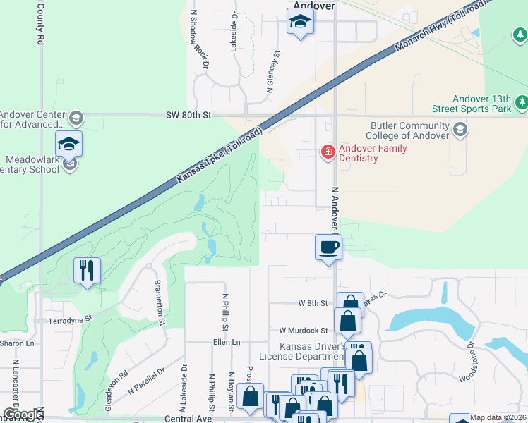 map of restaurants, bars, coffee shops, grocery stores, and more near 419 West Mike Street in Andover