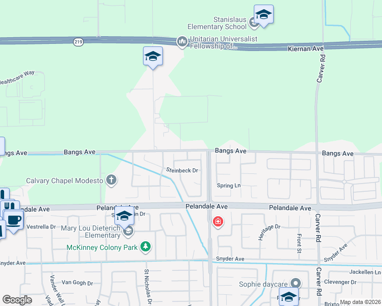 map of restaurants, bars, coffee shops, grocery stores, and more near 4308 Cooper Pl in Modesto