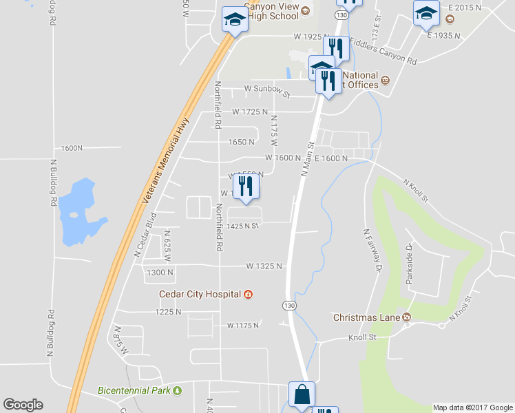 map of restaurants, bars, coffee shops, grocery stores, and more near Cedar Park Cir in Cedar City