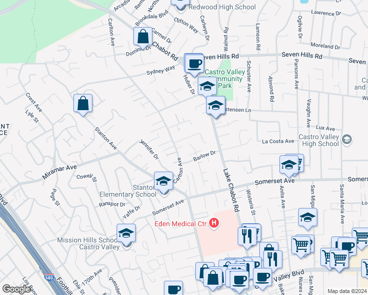 map of restaurants, bars, coffee shops, grocery stores, and more near 19398 Carlton Avenue in Castro Valley