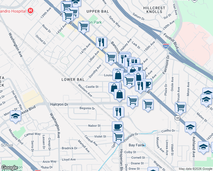 map of restaurants, bars, coffee shops, grocery stores, and more near 1182 Cherrybrooke Commons in San Leandro