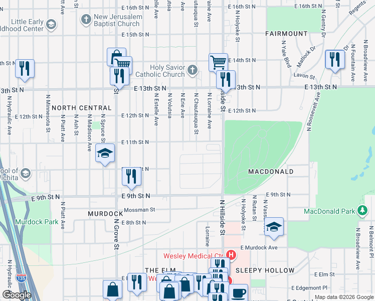 map of restaurants, bars, coffee shops, grocery stores, and more near 1138 North Erie Street in Wichita