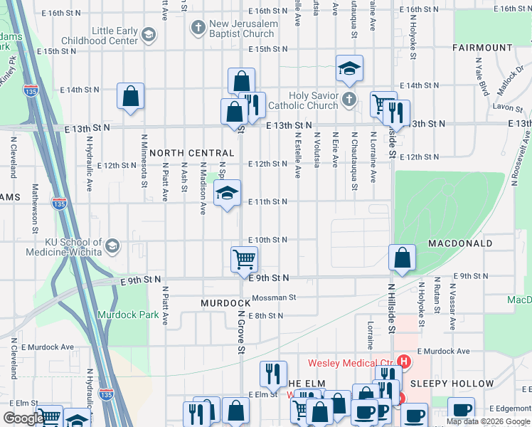 map of restaurants, bars, coffee shops, grocery stores, and more near 1148 North Poplar Avenue in Wichita