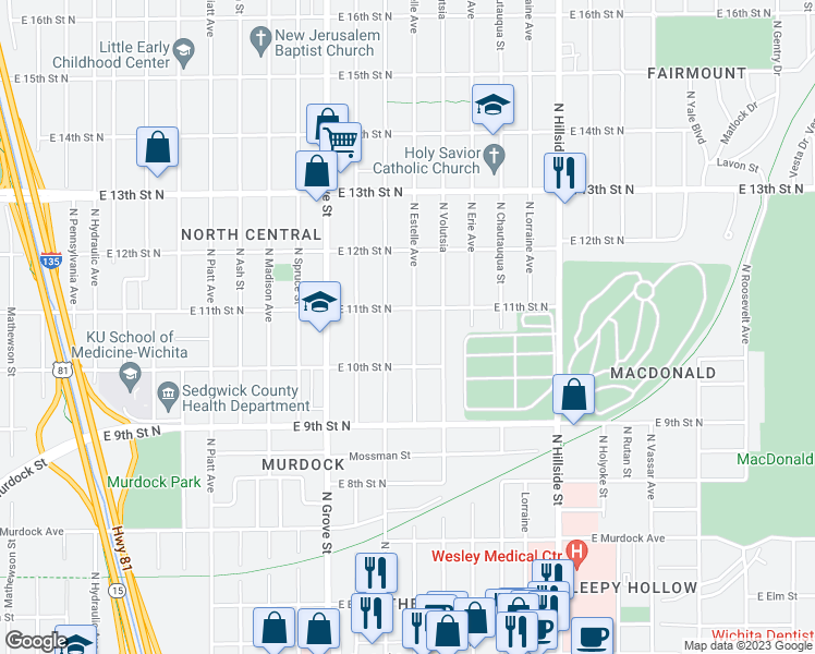 map of restaurants, bars, coffee shops, grocery stores, and more near 1143 North Estelle Avenue in Wichita