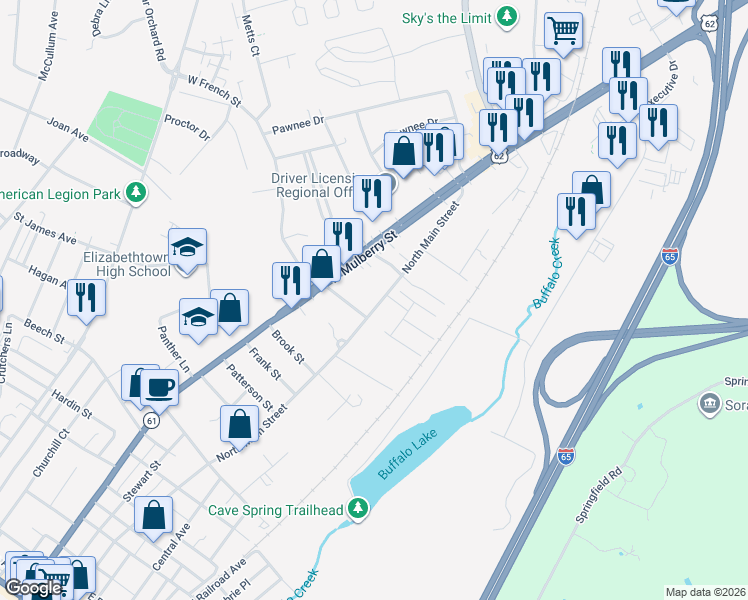 map of restaurants, bars, coffee shops, grocery stores, and more near 101 West French Street in Elizabethtown