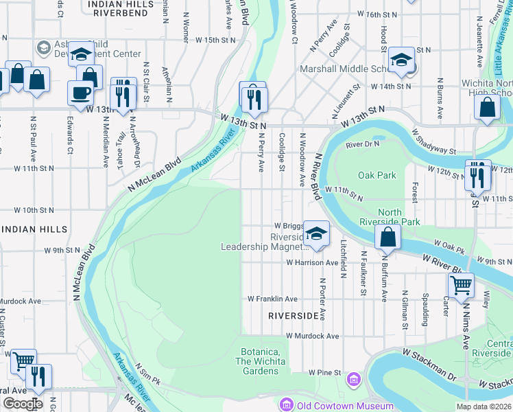 map of restaurants, bars, coffee shops, grocery stores, and more near 1135 North Perry Avenue in Wichita