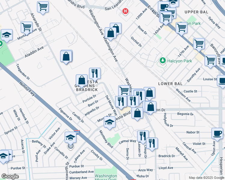 map of restaurants, bars, coffee shops, grocery stores, and more near Monogram Street in San Leandro