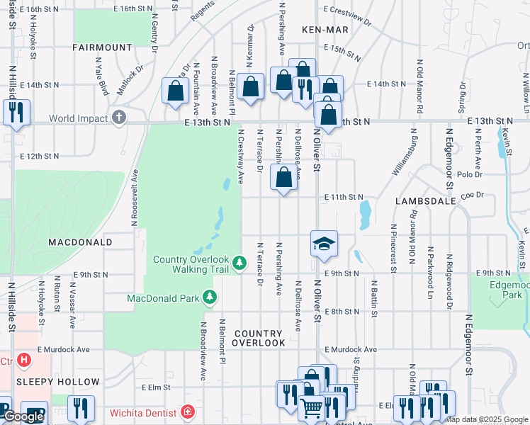 map of restaurants, bars, coffee shops, grocery stores, and more near 1138 North Terrace Drive in Wichita