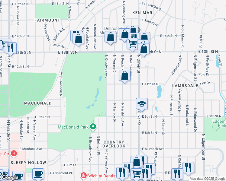 map of restaurants, bars, coffee shops, grocery stores, and more near 1139 North Terrace Drive in Wichita