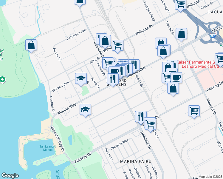 map of restaurants, bars, coffee shops, grocery stores, and more near 2274 Marina Boulevard in San Leandro