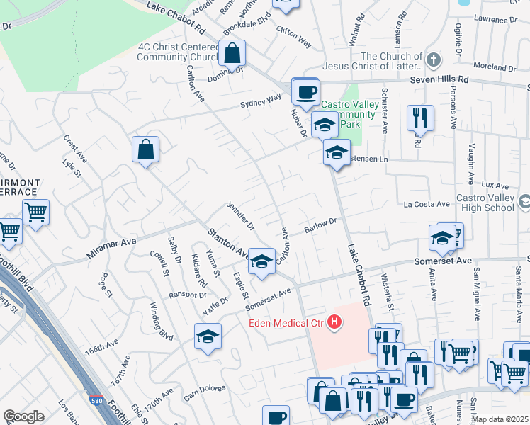 map of restaurants, bars, coffee shops, grocery stores, and more near 19243 Carlton Avenue in Castro Valley