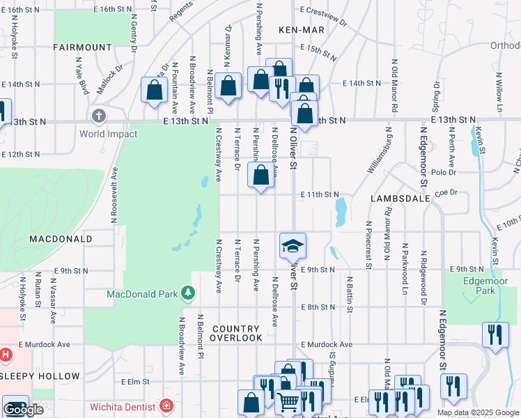 map of restaurants, bars, coffee shops, grocery stores, and more near 1138 North Pershing Street in Wichita