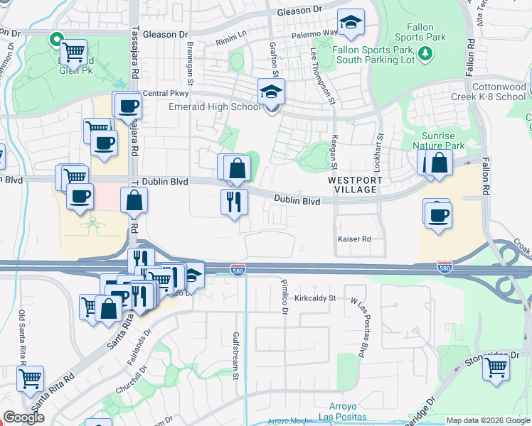 map of restaurants, bars, coffee shops, grocery stores, and more near 3911 Summit Road in Dublin