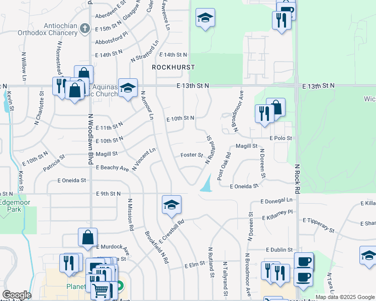 map of restaurants, bars, coffee shops, grocery stores, and more near 7018 East Foster Street in Wichita