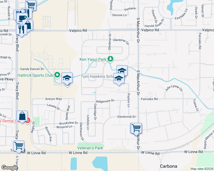 map of restaurants, bars, coffee shops, grocery stores, and more near 349 Cose Lane in Tracy