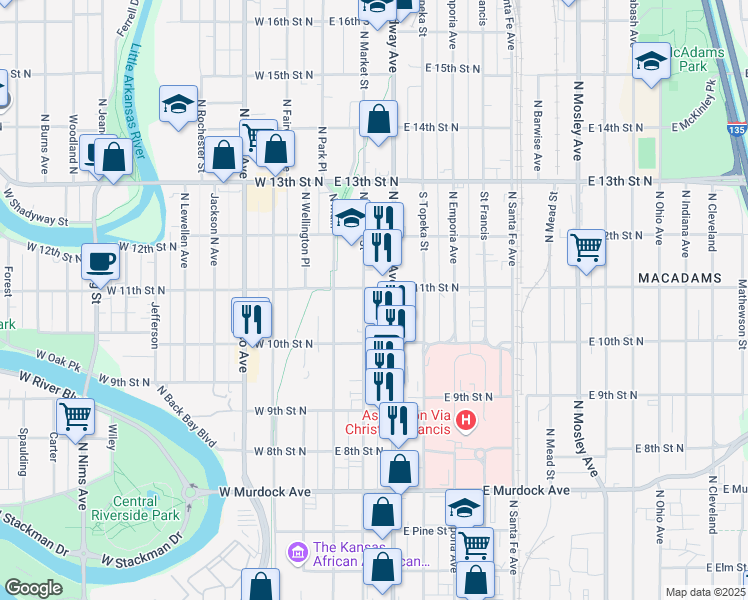 map of restaurants, bars, coffee shops, grocery stores, and more near 1144 North Market Street in Wichita