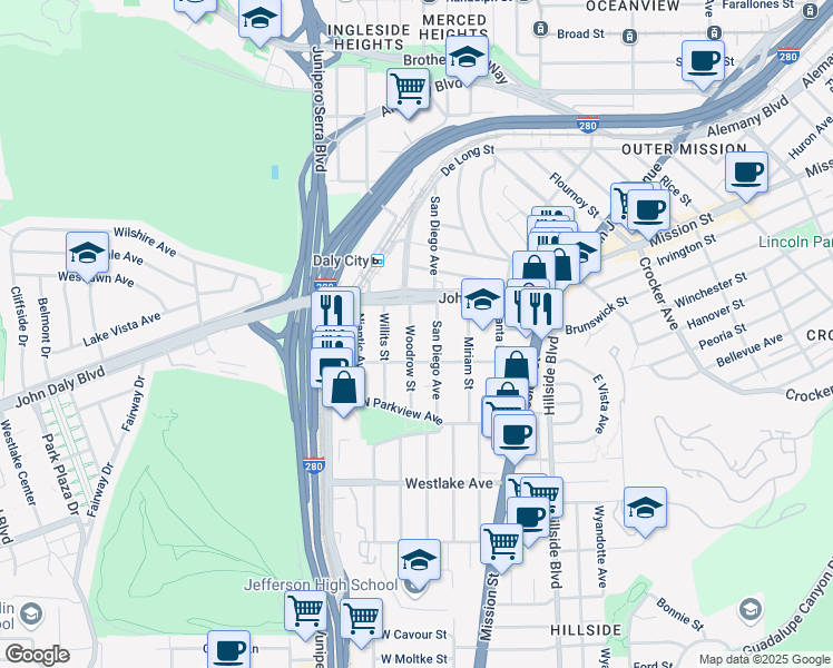 map of restaurants, bars, coffee shops, grocery stores, and more near 51 Woodrow Street in Daly City