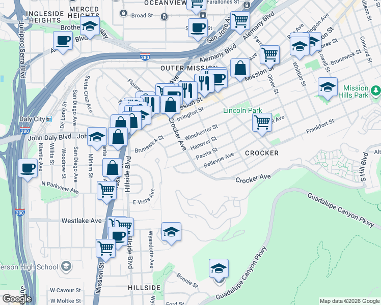 map of restaurants, bars, coffee shops, grocery stores, and more near 415 C Street in Colma