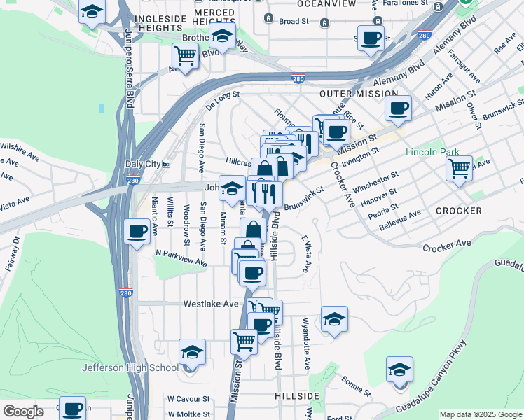 map of restaurants, bars, coffee shops, grocery stores, and more near 6500 Mission Street in Daly City