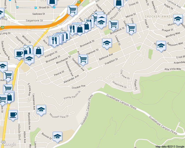 map of restaurants, bars, coffee shops, grocery stores, and more near 713 Acton Street in Daly City