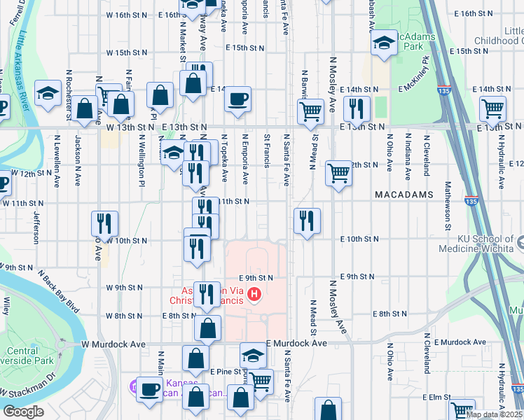 map of restaurants, bars, coffee shops, grocery stores, and more near 1149 North Saint Francis Street in Wichita