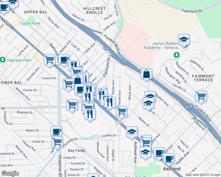 map of restaurants, bars, coffee shops, grocery stores, and more near 1633 Oriole Avenue in San Leandro