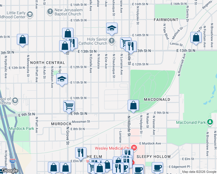map of restaurants, bars, coffee shops, grocery stores, and more near 1138 North Erie Street in Wichita