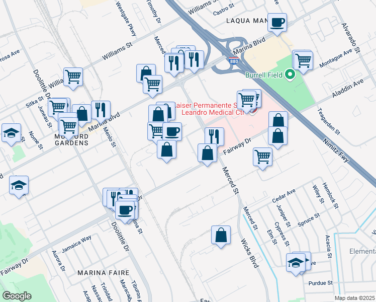 map of restaurants, bars, coffee shops, grocery stores, and more near 2591 Nicholson Street in San Leandro