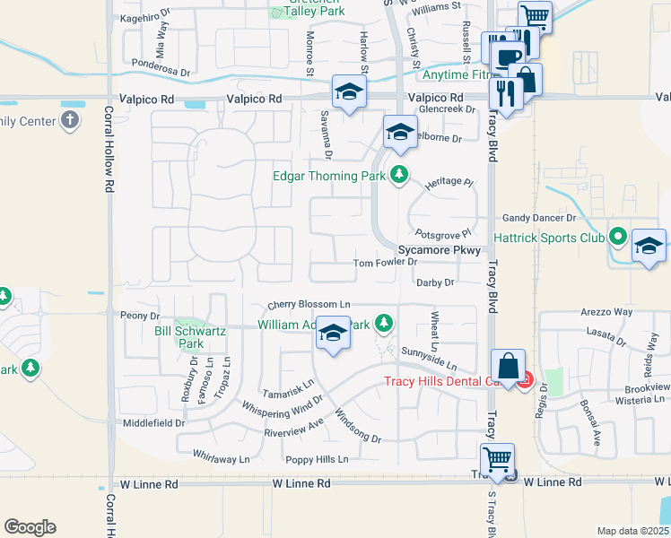 map of restaurants, bars, coffee shops, grocery stores, and more near 1364 Tom Fowler Drive in Tracy