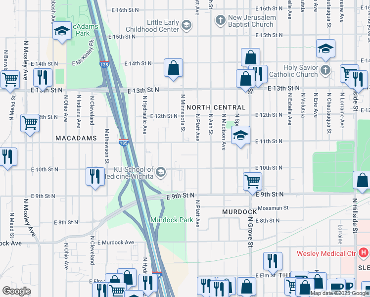 map of restaurants, bars, coffee shops, grocery stores, and more near in Wichita