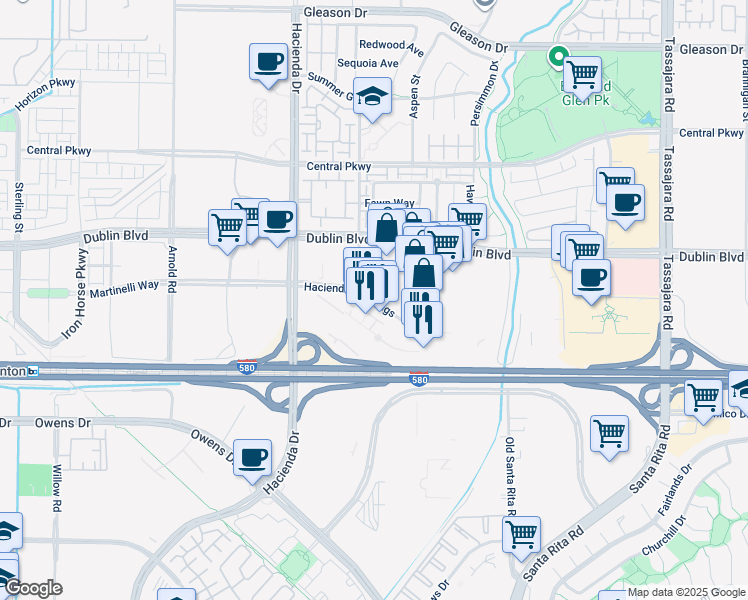 map of restaurants, bars, coffee shops, grocery stores, and more near Hacienda Crossings in Dublin
