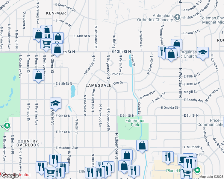 map of restaurants, bars, coffee shops, grocery stores, and more near 1138 North Ridgewood Drive in Wichita