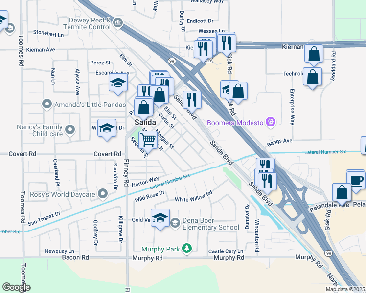 map of restaurants, bars, coffee shops, grocery stores, and more near 4607 McGinn Avenue in Salida